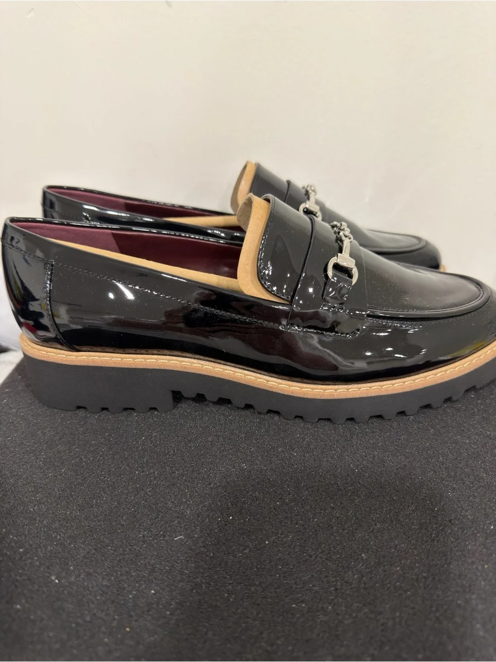 Franco Sarto Black Patent Leather Bit Loafers with Tan Welt With Box